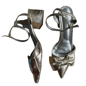 ASOS Silver Gold Metallic Pointed Toe Bow Detail Block Heels Size 7